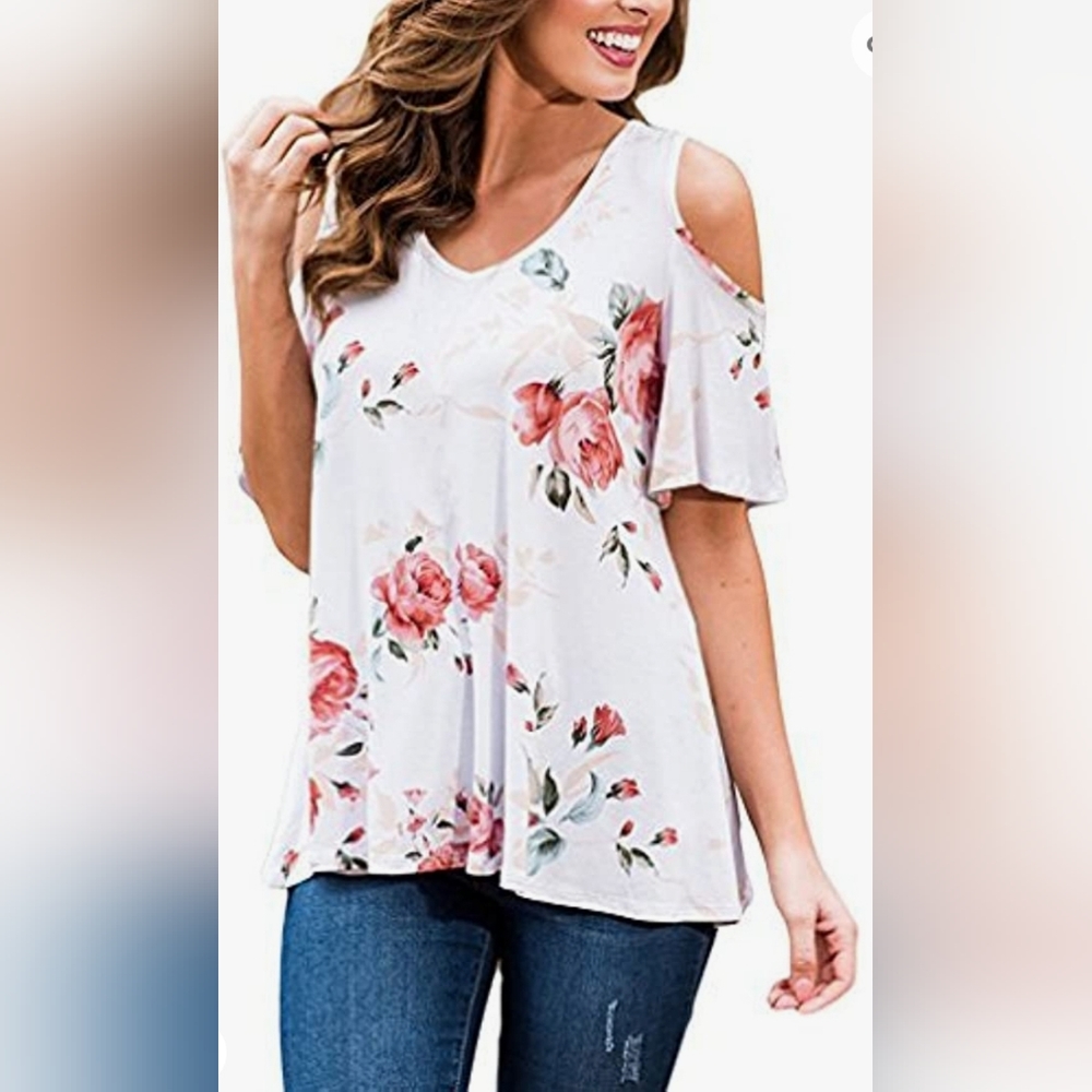 Sherosa Women's Floral Print Cut Out Shoulder Short Sleeve Blouse